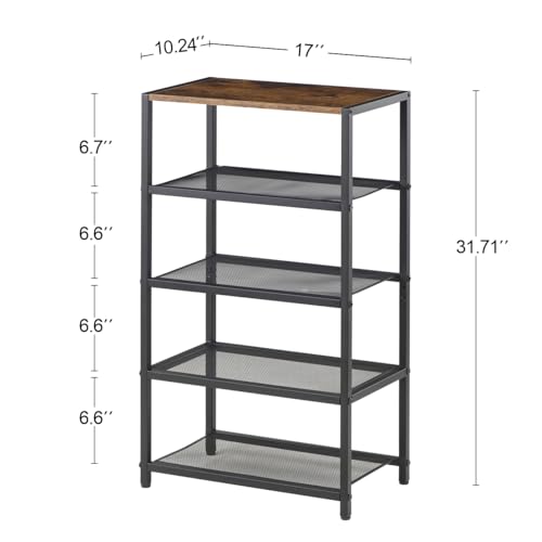 Tall Narrow Shoe Rack for Entryway Closet,5-Tier Shoe Storage Shelf | Small Vertical Shoe Organizer Wood, Sturdy Metal Mesh Shelves, Wooden Table Top, Holds 10 Pairs, for Front Door Entrance - size: 17"D x 10.24"W x 30.7"H