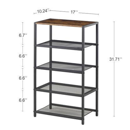 Tall Narrow Shoe Rack for Entryway Closet,5-Tier Shoe Storage Shelf | Small Vertical Shoe Organizer Wood, Sturdy Metal Mesh Shelves, Wooden Table Top, Holds 10 Pairs, for Front Door Entrance - size: 17"D x 10.24"W x 30.7"H