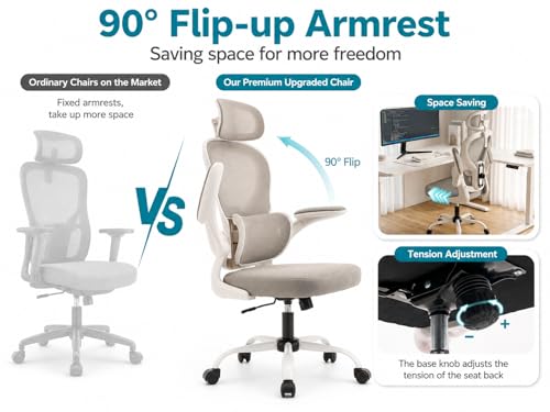 Ergonomic Office Chair with Adjustable Headrest & Lumbar Support, High Back Mesh Desk Chair, 330 LBS Capacity Swivel Computer Chair with Flip-Up Arms, Home Office Gaming Chair(Grey)