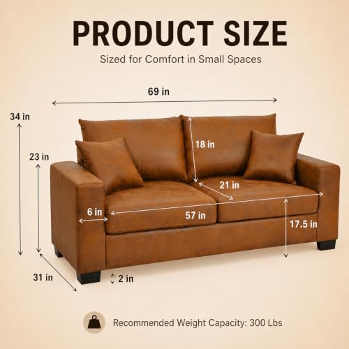 69'' Loveseat Sofa,Modern Fabric 2-Seater Sofa with 2 Pillows(Light Brown) | Small Couches for Living Room, Office,Apartment, Small Spaces,21 in Deep Seat - color: Light Brown