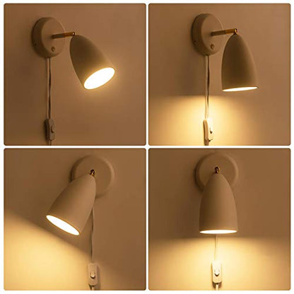Modern White Plug in or Hardwire Wall Light Sconces, Set of 2 | Adjustable Rotatable Lampshade Simple Wall Mount Lighting Fixture for Bedroom, Living Room, Bedside & Nightstand - color: E-White-2 Pack