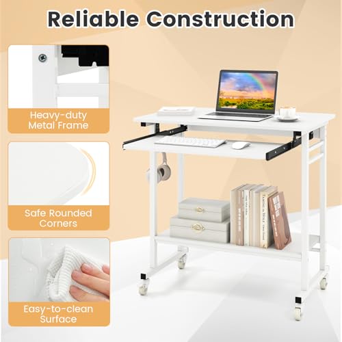 GIANTEX Rolling Computer Desk, Mobile Portable Desk with Keyboard Tray & Wheels, Laptop PC Table Cart with Shelf & Hooks, Industrial Small Desk for Small Spaces, Home Office, Bedroom, White - color: White