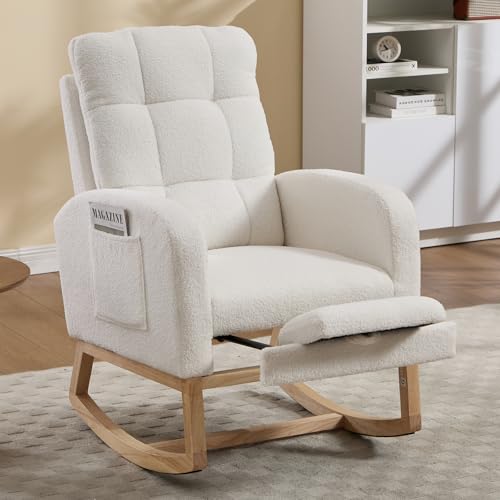 Rocking Chair Nursing, Rocker Chair with Footrest (White Retro) | Teddy Boucle Upholstered Accent Reading Chair with High Back & Side Pocket for Living Room Bedroom Nursery Office - color: White Retro