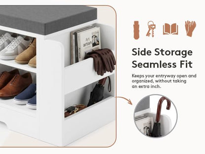 Farmhouse Shoe Storage Bench with 3-in-1 Entryway Storage & Padded Seat | 47.3" Wide Entryway Bench with Adjustable Shelves, Shoe Organizer & Side Storage Rack for Living Room, Bedroom, White - size: 47.3" Wide