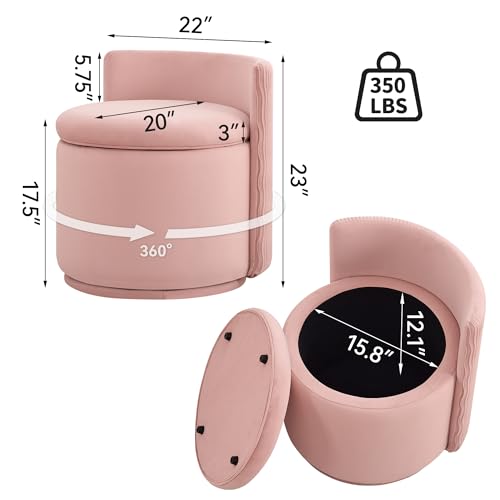 WUTUTUEE Large Velvet Vanity Chair with Storage, 360° Swivel Makeup Chair with Wave Back, No Assembly Small Accent Stool for Bedroom, Dressing, Living Room, Pink - color: Pink, size: Large