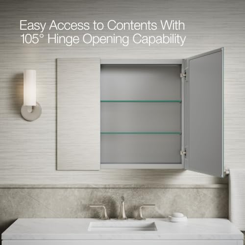 Kohler 55064-NA Embark Slim Medicine Cabinet Mirror, Adjustable Shelves with Mirrored Doors, 30 in. W x 26 in. H - size: 30 in. x 26 in., style: Flat Edge