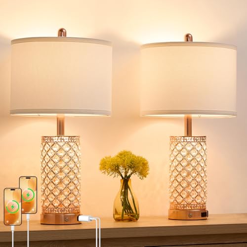 SAIWEYA 24in Crystal Table Lamp Set of 2 Bedroom Lamps for Night Stand | 3-Way Dimmable Touch with Night Ligh, 2 USB Ports + AC Outlet, White Fabric Shade, LED Bulb Included - color: Rose Gold-2 Pack 24In