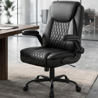 GTPOFFICE Executive Office Chair with Comfortable Lumbar Support, Ergonomic Gaming Chair with Flip-up Armrests & Zoned Pressure-Relief Cushion, Comfy PU Leather Desk Chair, Black - color: Black