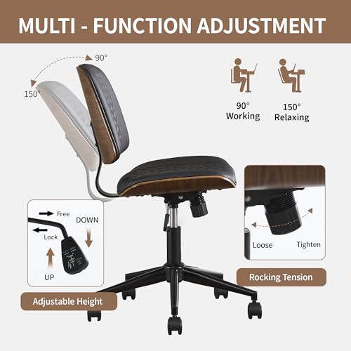 VipDesk Small Home Office Chair - Armless Mid Back Desk Chair with 360° Swivel and Wheels, PU Upholstered Height Adjustable Modern Walnut Computer Chair for Home, Office Meeting Room - Black - color: Black, size: MCM Style