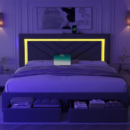 Full Size Bed Frame with Adjustable Headboard and Storage Drawer, Upholstered Bed Frame Full with RGB LED Lights and Charging Station, Easy Assembly, No Box Spring Needed, Grey - color: Grey, size: Full