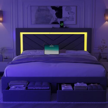 Full Size Bed Frame with Adjustable Headboard and Storage Drawer, Upholstered Bed Frame Full with RGB LED Lights and Charging Station, Easy Assembly, No Box Spring Needed, Grey - color: Grey, size: Full