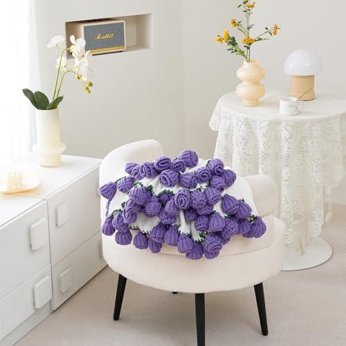 Crochet Flower Bouquet Throw Blanket, Handmade Knitted Blanket with Tulip, Cute Romantic Gift for Her Girlfriend Mom Mother’s Day Valentine Wedding Anniversary Birthday, Purple 40 Inches - color: Tulip, size: 40 Inches