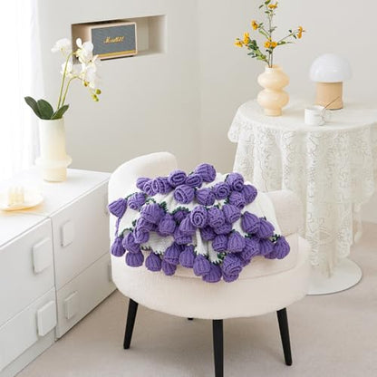 Crochet Flower Bouquet Throw Blanket, Handmade Knitted Blanket with Tulip, Cute Romantic Gift for Her Girlfriend Mom Mother’s Day Valentine Wedding Anniversary Birthday, Purple 40 Inches - color: Tulip, size: 40 Inches
