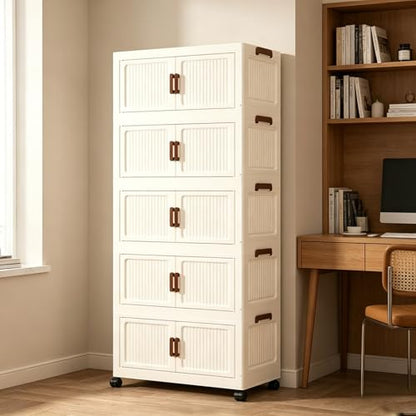 153QT Modular Stackable Storage Cabinet, Rolling Lidded Storage Containers with Wheels, Collapsible Drawer Storage Bins for Clothes, Toys, Bedroom, Dorm Room Organization, Cream White（5 Pack） - size: 5 Pack 20 L x 10 W x 47 H