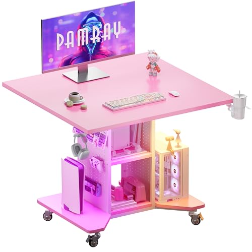 Pamray Small Gaming Desk Rolling Computer Table Pink | Movable, with Led Lights Power Outlets, with Storage Pegboard and Hook, Sturdy, Suitable for Study Gaming Bedroom Dorm - color: Pink