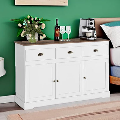 White Buffet Cabinet Storage Sideboard Farmhouse Server Bar Wine Cabinet with 3 Drawers & 3 Doors Adjustable Shelves Console Table for Dining Living Room Kitchen Cupboard - size: 15.6"D x 53.5"W x 34.1"H