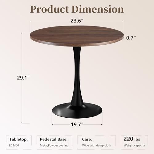 61cm(24인치) 원형 식탁, 금속 받침대 베이스가 있는 중세 튤립 테이블, 좁은 공간의 주방 다이닝 룸을 위한 현대적인 레저 테이블, 쉬운 조립, 월넛 및 블랙 - color: 블랙/월넛., size: 23.6 Inch