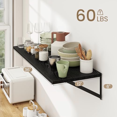 Dreamland Wall Mounted Floating Shelves Set of 2, 36x12, Black | Engineered Wood, Visible Bracket, Large Storage, Hold Up to 60lbs, Living Room, Bathroom, Bedroom, Kitchen - color: Black, size: 36"W x 12"D