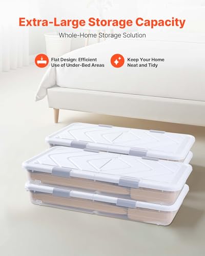 VEVOR Under Bed Storage with Wheels, 31.7 x 15.6 x 6.9 inch Underbed Containers, Underbed Shoes Organizer with Lid & Gray Latch, Rolling Under the Bed Storage Bins for Clothes Shoes Blankets, 4 Pack