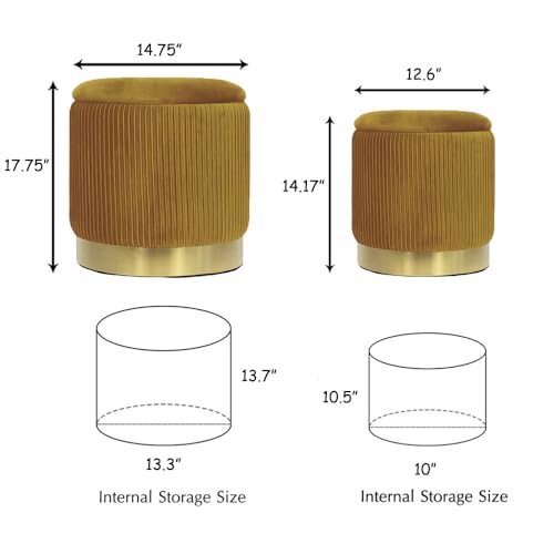 YYW HOME Round Ottoman with Storage Set of 2 Green Velvet Vanity Stool | Removable Lid, Gold and Green Ottoman,Hidden Storage Stool, Small Coffee Table for Living Room,Nest Packing, Assembly Free - color: Yellow