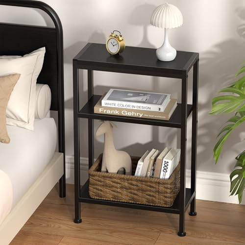Narrow Side Table Set of 2 for Small Space, 3 Tier Slim End Table, Thin Nightstand, Skinny Snack Couch Table, Sofa Bedside Table in Living Room, Bedroom, Study, Kitchen and Balcony (Black) - color: Black, size: 3-Tier (7.9''D*17''W*26.6''H)
