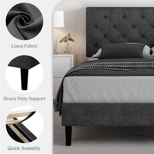 HOMBCK Queen Bed Frame, Linen Fabric Upholstered Bed Frame Queen Size, Wood Slats Support, Button Tufted, No Box Spring Needed, Dark Grey - color: Dark Grey, size: Queen