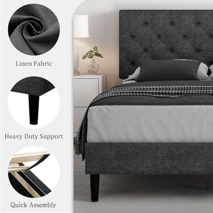 HOMBCK Queen Bed Frame, Linen Fabric Upholstered Bed Frame Queen Size, Wood Slats Support, Button Tufted, No Box Spring Needed, Dark Grey - color: Dark Grey, size: Queen