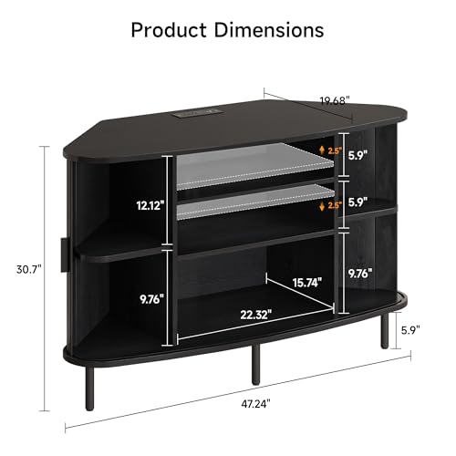 47" Corner TV Stand, Fluted TV Cabinet with Sliding Doors Fits up to 55 Inch TVs, Modern Corner Entertainment Center with Power Outlet, Wood Media Console Table with Storage, Black - color: Black