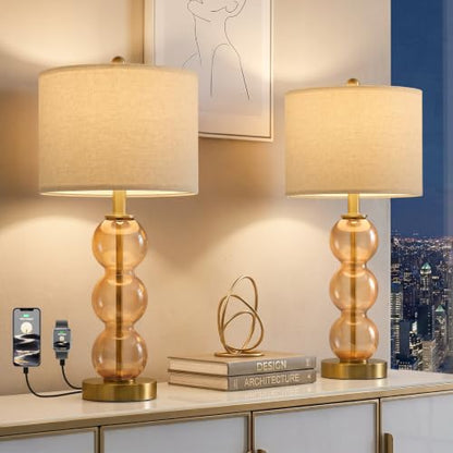25" Amber Glass Table Lamps for Living Room, Glass Modern Table Lamp Set of 2, USB Charging Ports, Linen Shade, Bedside Lamps for Bedroom, Nightstand, Side Table (Bulbs not Included) - color: Amber