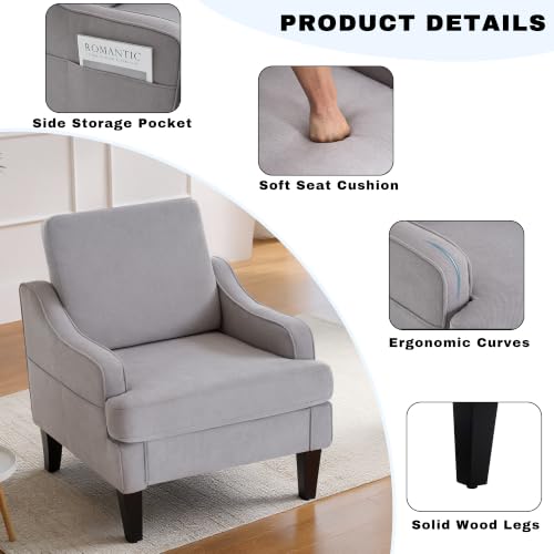 Mid-Century Accent Chair, Comfy Arm Chair Upholstered Living Room Chair for Bedroom, Fabric Reading Chair with Wood Legs for Apartment, Waiting Room, Vanity Room (Gray) - color: Grey
