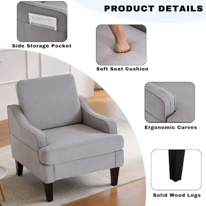 Mid-Century Accent Chair, Comfy Arm Chair Upholstered Living Room Chair for Bedroom, Fabric Reading Chair with Wood Legs for Apartment, Waiting Room, Vanity Room (Gray) - color: Grey
