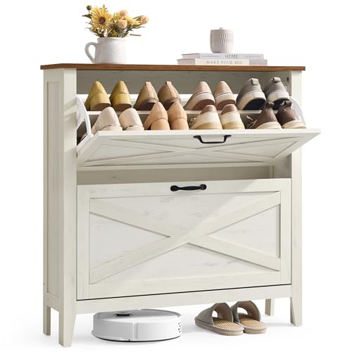 VASAGLE Farmhouse Shoe Cabinet, Narrow Storage Organizer, 2 Flip Drawers | Shoe Storage Organizer, Fits 16 Pairs, 34.3 x 9.5 x 34.6 in, Rustic White and Honey Brown, LIRY Collection UHSC201W01 - color: Rustic White, size: 9.4"D x 34.3"W x 34.6"H, style: 2