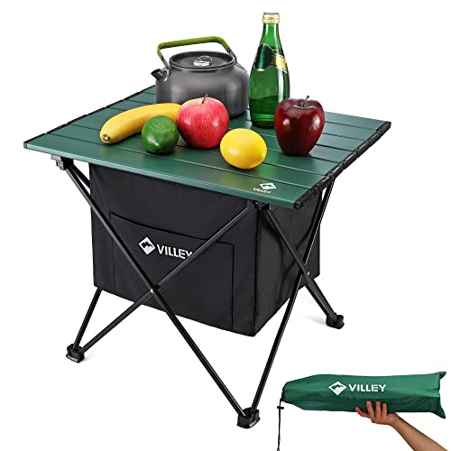 VILLEY Portable Camping Side Table, Ultralight Aluminum Folding Beach Table | Lightweight & Portable, Under-Table Storage Hammock, Carry Bag for Camping, Beach, Picnic, Boat & Travel - color: Green, size: Medium 19'', style: Camping Table with Storage Bag
