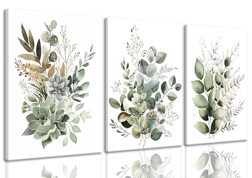 Bwodke Sage Green Botanical Canvas Wall Art Set of 3, 16x24 inch | Watercolor Botanical Wall Decor, Sage Green Eucalyptus Leaf Prints, Bedroom Bathroom Living Room Art - color: Green, size: 16"x24" Canvas