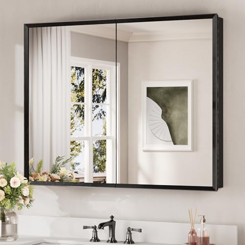 Keonjinn Large Medicine Cabinet Mirror 40 x 32, Black Beveled Frame, 2 Door | Assembly Required, Stepless Adjustable Shelves, Waterproof Aluminum Rust-Resistant, Tempered Glass, Surface Mount or Recessed - color: Black, size: 40x32 In