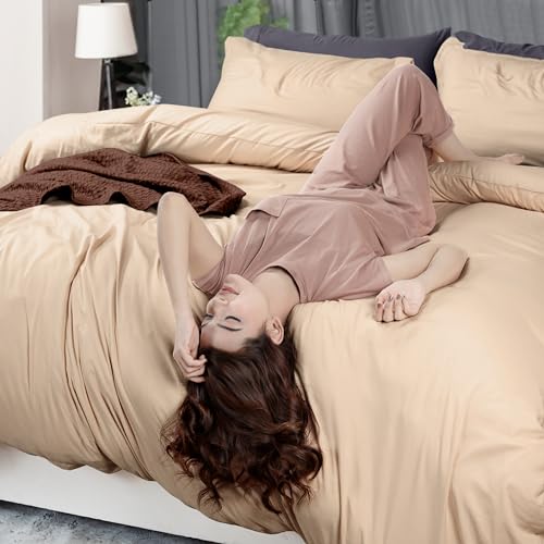 Duvet Cover Queen, 3 Piece Cotton Like Polyester With Zipper Closure, Beige | Extra Soft and Breathable, Wrinkle & Fade Resistant, Includes Duvet Cover and 2 Pillow Shams, Comforter Not Included, OekoTex - color: Beige, size: Queen - Duvet Cover Set