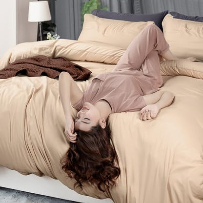 Duvet Cover King, 3 Piece Cotton Like Polyester With Zipper Closure, Beige | Extra Soft and Breathable, Wrinkle & Fade Resistant, Includes Duvet Cover and 2 Pillow Shams, Comforter Not Included, OekoTex - color: Beige, size: King - Duvet Cover Set