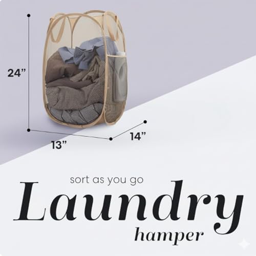 Handy Laundry Collapsible Mesh Pop Up Laundry Hamper with Side Pocket, Breathable & Space-Saving Foldable Basket for Clothes, Toys, Travel, Storage, 14 x 13 x 24 in, Beige - color: Beige