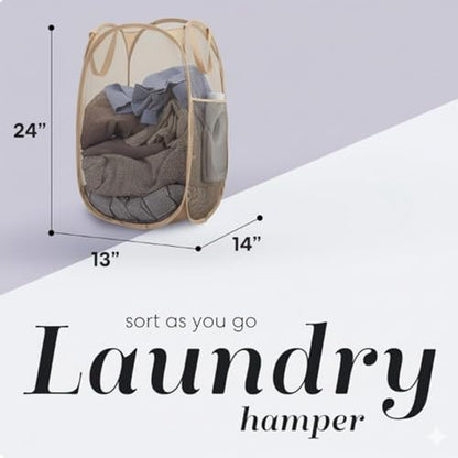 Handy Laundry Collapsible Mesh Pop Up Laundry Hamper with Side Pocket, Breathable & Space-Saving Foldable Basket for Clothes, Toys, Travel, Storage, 14 x 13 x 24 in, Beige - color: Beige