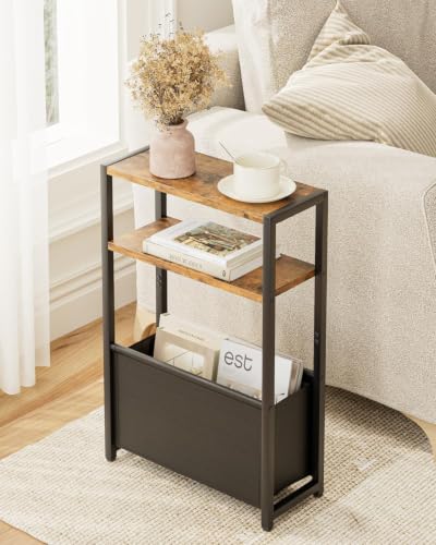 Leomonio Narrow Side Table, Slim End Tables with Fabric Basket, Skinny Table for Small Spaces, Thin Bedside Table for Living Room, Bedroom - color: Rustic Brown