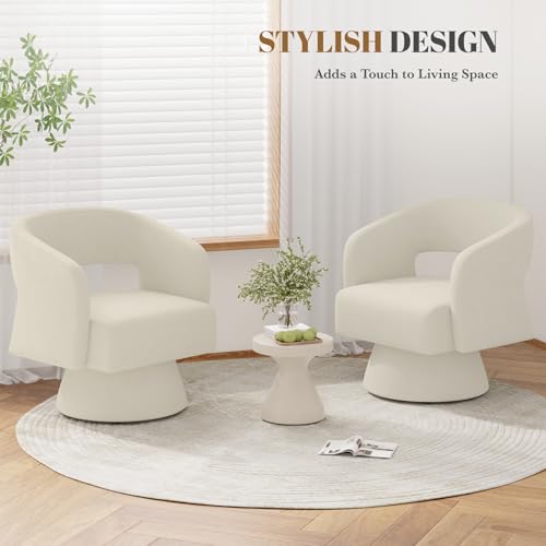 Luxanimarion Swivel Barrel Accent Chair,Oversized Chenille Upholstered Round Swivel Chair,Modern Luxury 360 Degree Living Room Vanity Chair for Bedroom Office,White,2PCS - color: Beige-chenille, size: Set of 2