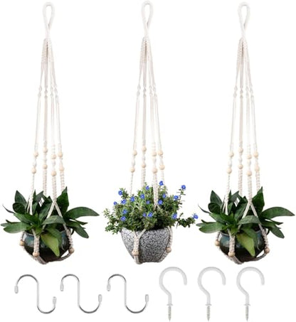 RIFNY Macrame Plant Hanger for 5 to 10 Inch Plant Pots, 35 Inch Indoor Handmade Woven Rope Hanger Kits with Hooks and Wood Beads, Hanging Planter Basket Holder for Boho Home Decor (White, 3 Pack) | 35 Inch Hanging Planter with Hooks, Fits 5-10" Pots, Suit