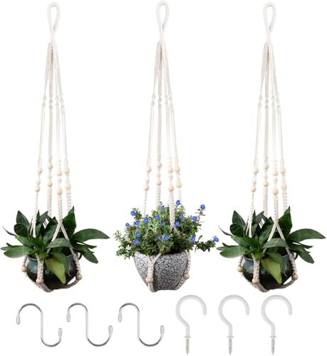 RIFNY Macrame Plant Hanger for 5 to 10 Inch Plant Pots, 35 Inch Indoor Handmade Woven Rope Hanger Kits with Hooks and Wood Beads, Hanging Planter Basket Holder for Boho Home Decor (White, 3 Pack) | 35 Inch Hanging Planter with Hooks, Fits 5-10" Pots, Suit