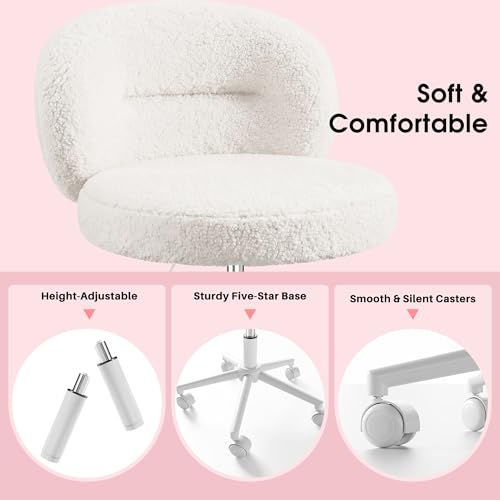 Homkdom Round Vanity Chair with Silent Wheels, 17.32" Wide Seat | Height Adjustable, 360 Swivel & Smooth Rolling, Armless Design for Makeup and Study - White - color: White