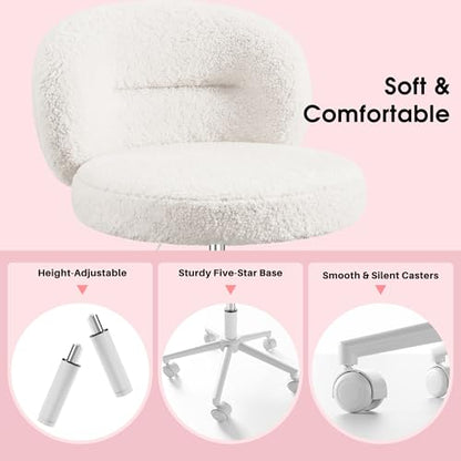 Homkdom Round Vanity Chair with Silent Wheels, 17.32" Wide Seat | Height Adjustable, 360 Swivel & Smooth Rolling, Armless Design for Makeup and Study - White - color: White
