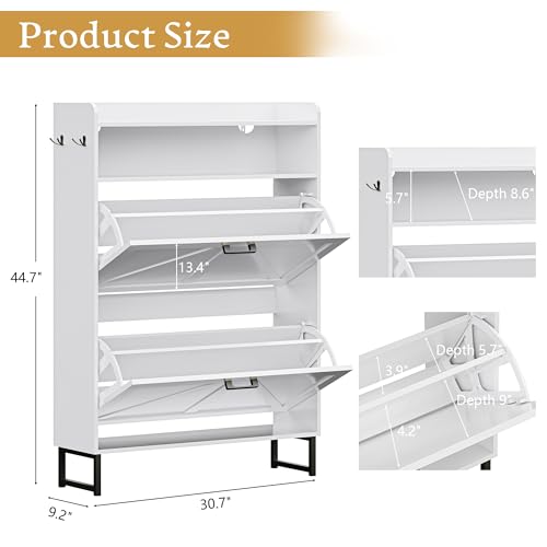 Shoe Storage Cabinet with 2 Flip Drawers, Narrow Wood Shoe Cabinet Storage for Entryway with Metal Legs & Hooks, Adjustable Shelves, Freestanding Shoe Rack Organizer for Foyer, Hallway, White - color: White, style: 2 Drawers