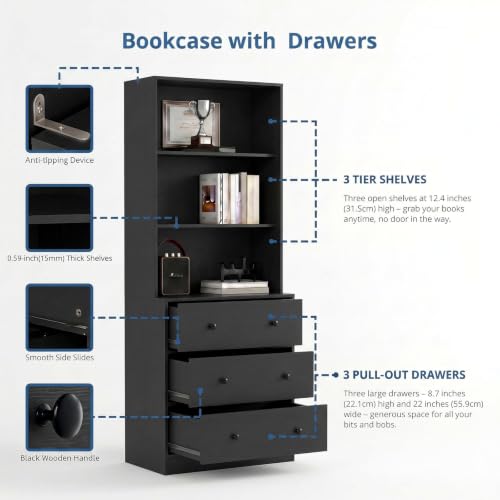 TUSY 71" H Bookshelf with Storage, 6-Tier Modern Bookshelves with 3 Large Drawer, Display Bookcase with Glass Doors, Modern 5-Tier Curio Cabinet for Home Office, Dining Room (Black, ABBA) - color: Black