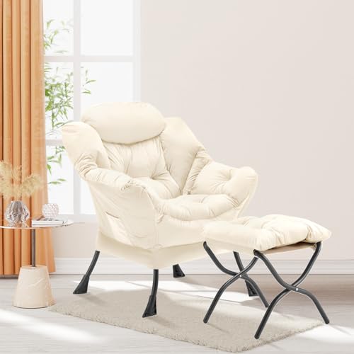 Youtanic Lazy Chair with Folding Ottoman, Accent Chair Velvet Upholstered with Metal Structure and Non-Slip Pads, Sofa Armchair with Footrest and Side Storage Bag for Dorm, Room, Office, Beige - color: Beige