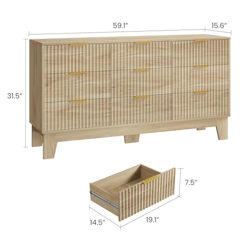 IDEALHOUSE 9 Drawer Dresser for Bedroom, Fluted Dresser for Bedroom | Fluted Door, Sturdy Structure, Easy to Clean - color: Oak, size: 59"D x 15.6"W x 31.5"H (9 Drawers)