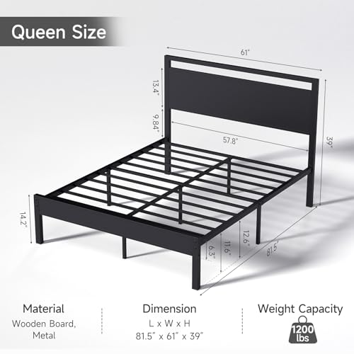 Z-hom Queen Bed Frame with Wooden Headboard & Footboard,Metal Platform Bed | Heavy Duty Metal Slat Support,No Box Spring Required,Quiet Non-Slip Construction with Underbed Storage Space,Black - color: Black, size: Queen